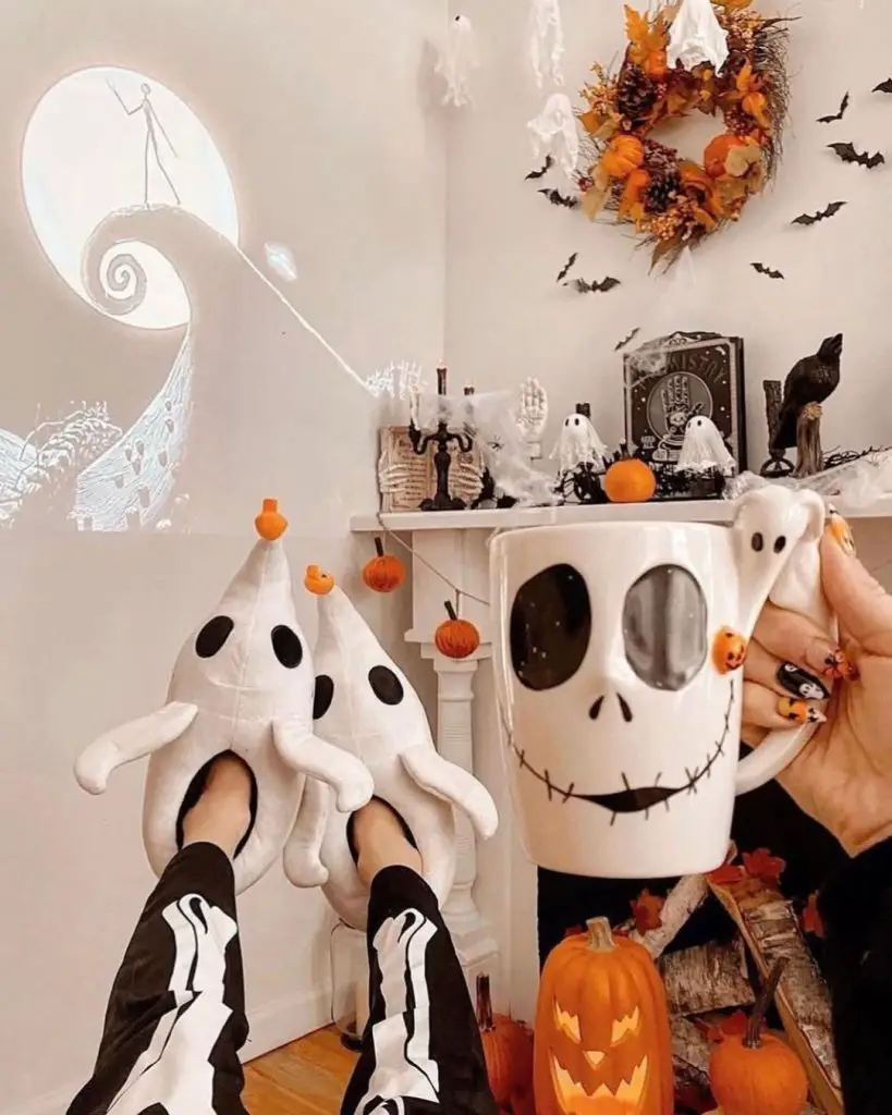 Halloween corner with ghost costumes skeleton slippers movie themed decorations
