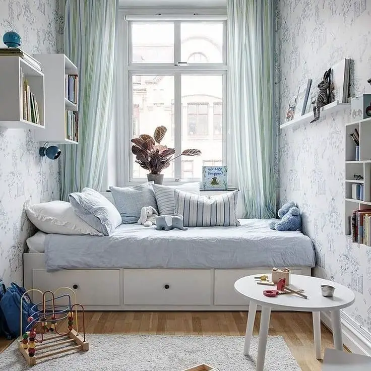 Built-in daybed with storage and blue accents