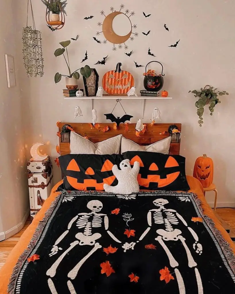 Bedroom with skeleton bedding hanging plants moon decor Halloween theme