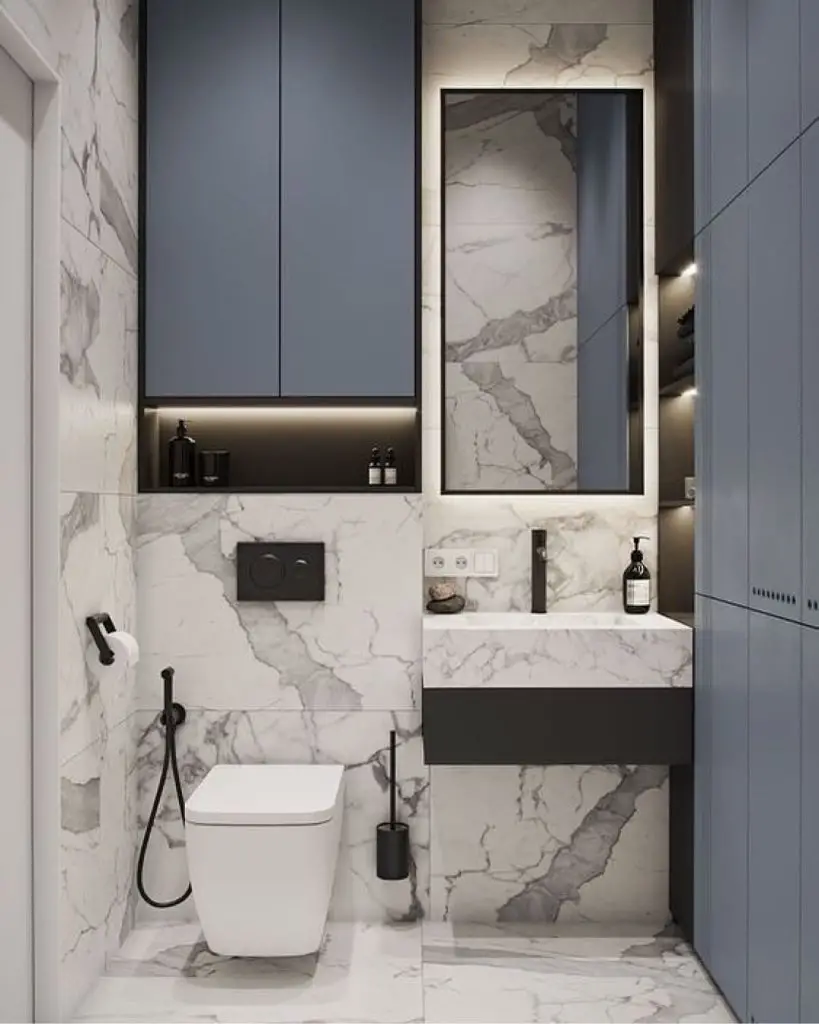 Luxury marble bathroom with integrated storage solutions