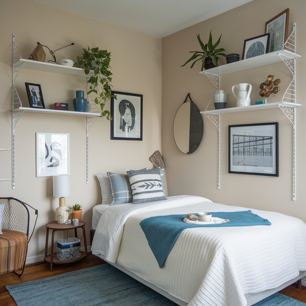 Bedroom with wall-mounted shelving and blue accents