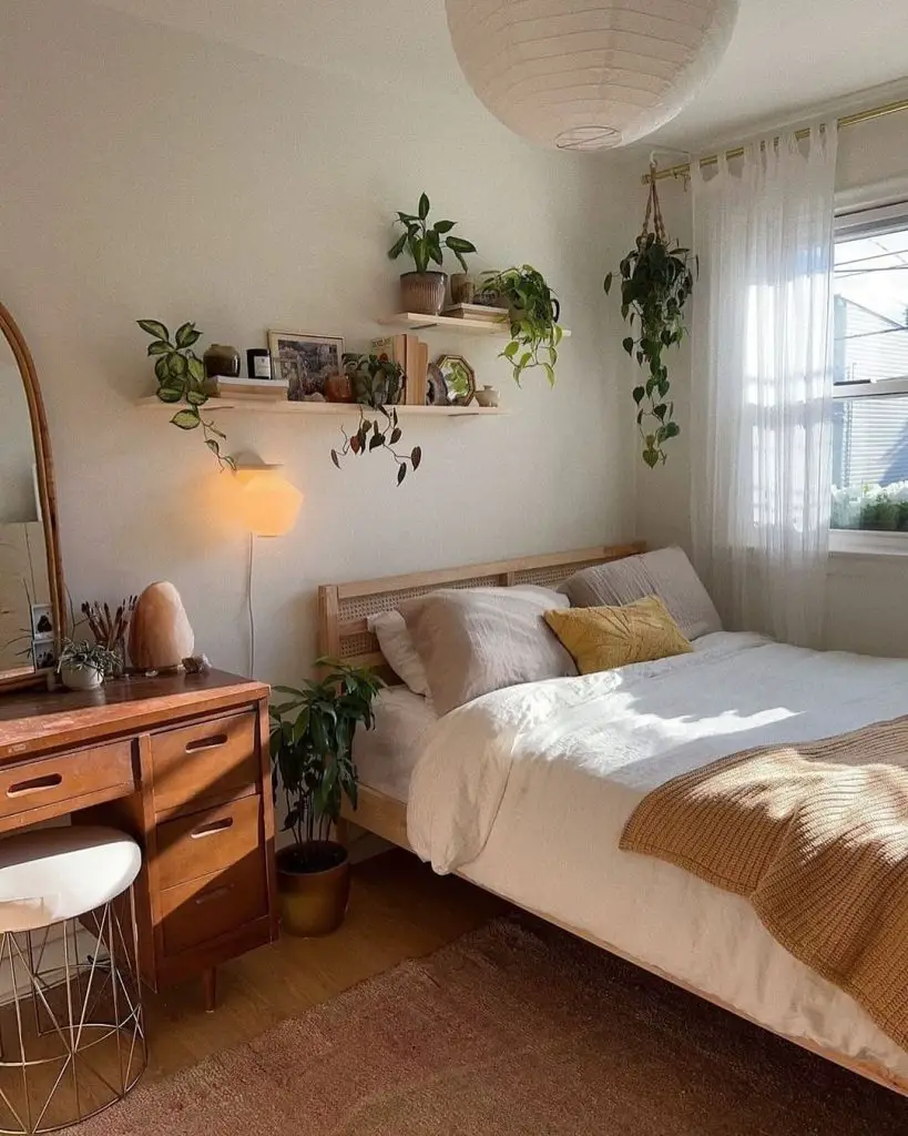 Bedroom with plants and warm wood accents