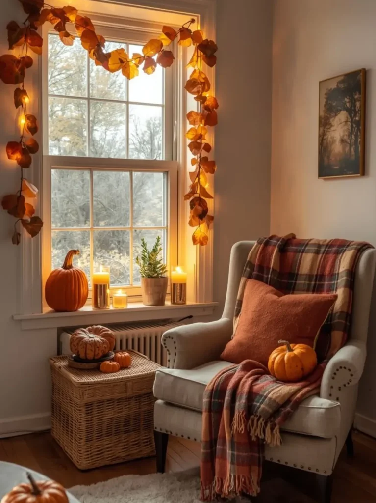 Cozy chair with autumn decorations and warm lighting