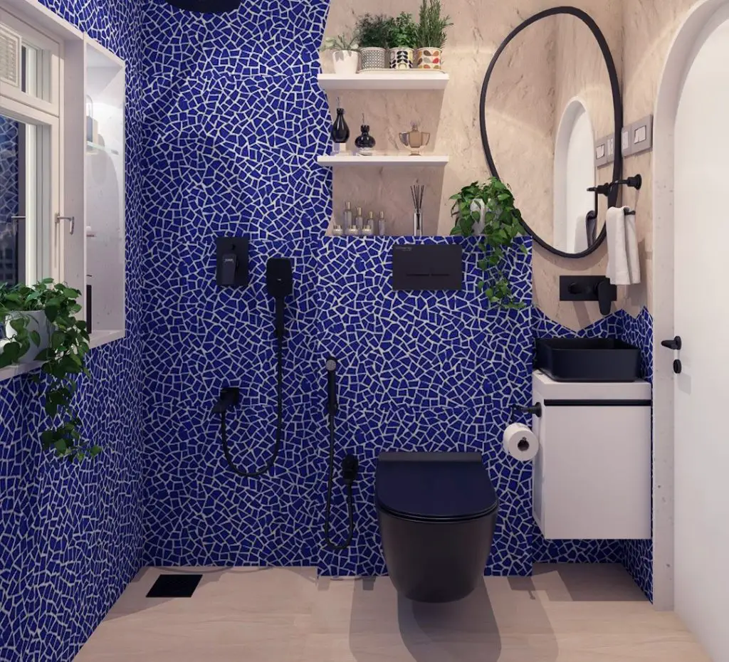 Cobalt blue mosaic tile powder room with floating vanity