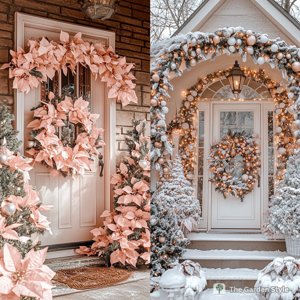 Pink poinsettia Christmas door decoration with elegant styling
