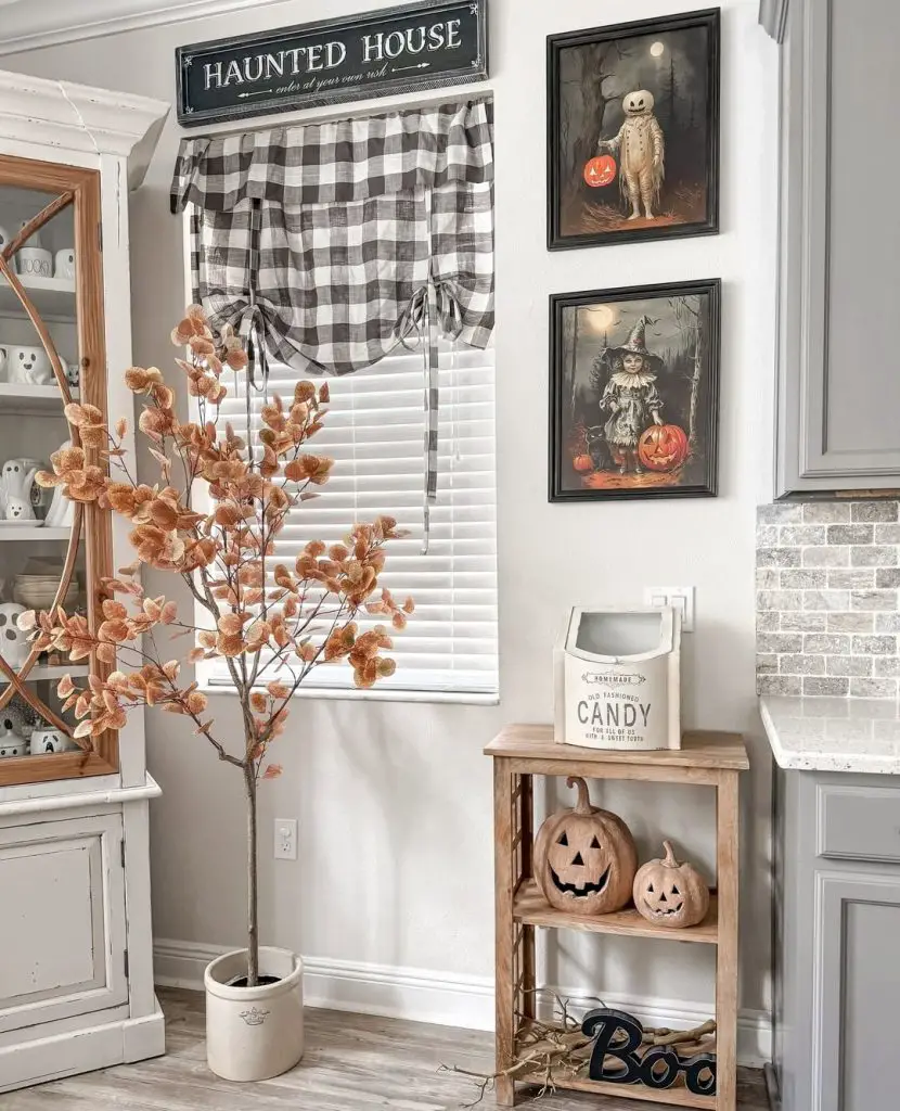 Farmhouse kitchen corner with Halloween signs pumpkins wooden shelves