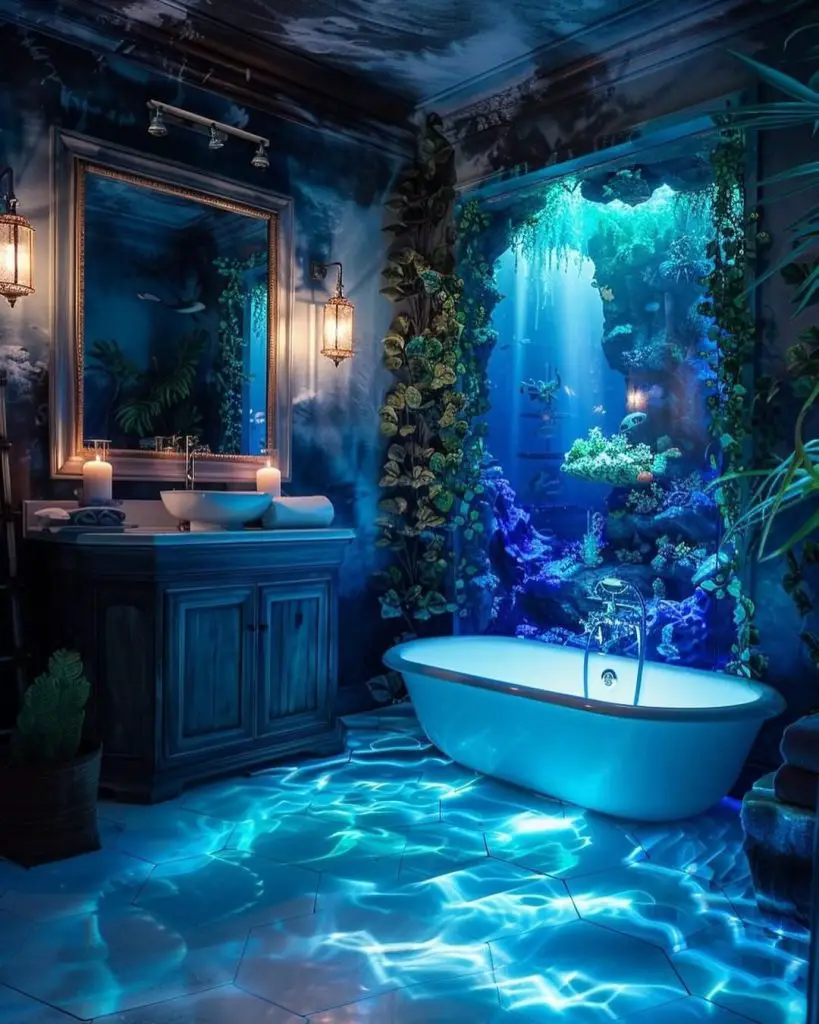Blue fantasy bathroom with underwater theme and dramatic lighting