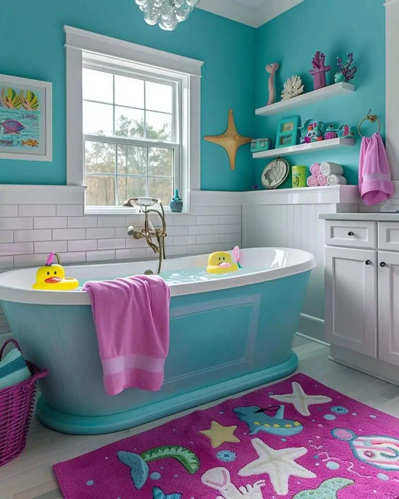 Bright turquoise kids bathroom with clawfoot tub and sea theme