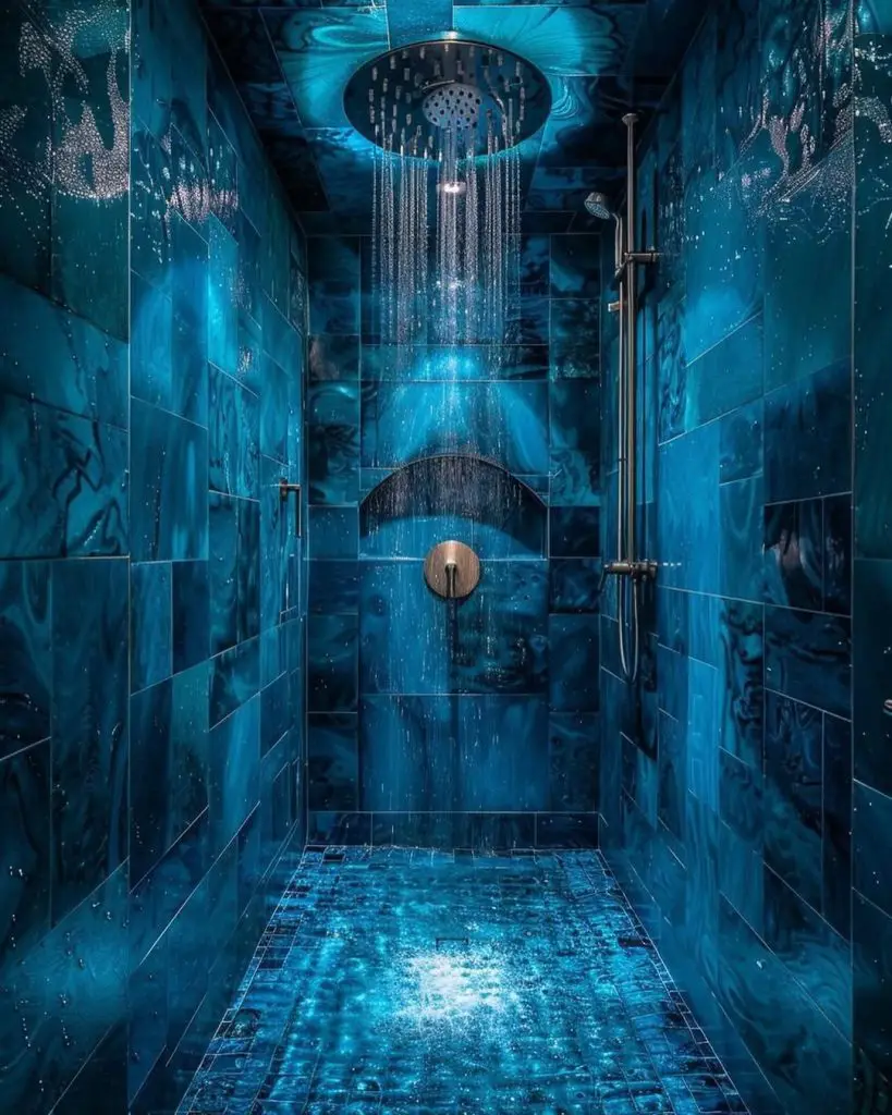 Deep blue cosmic shower with galaxy patterns and rainfall head