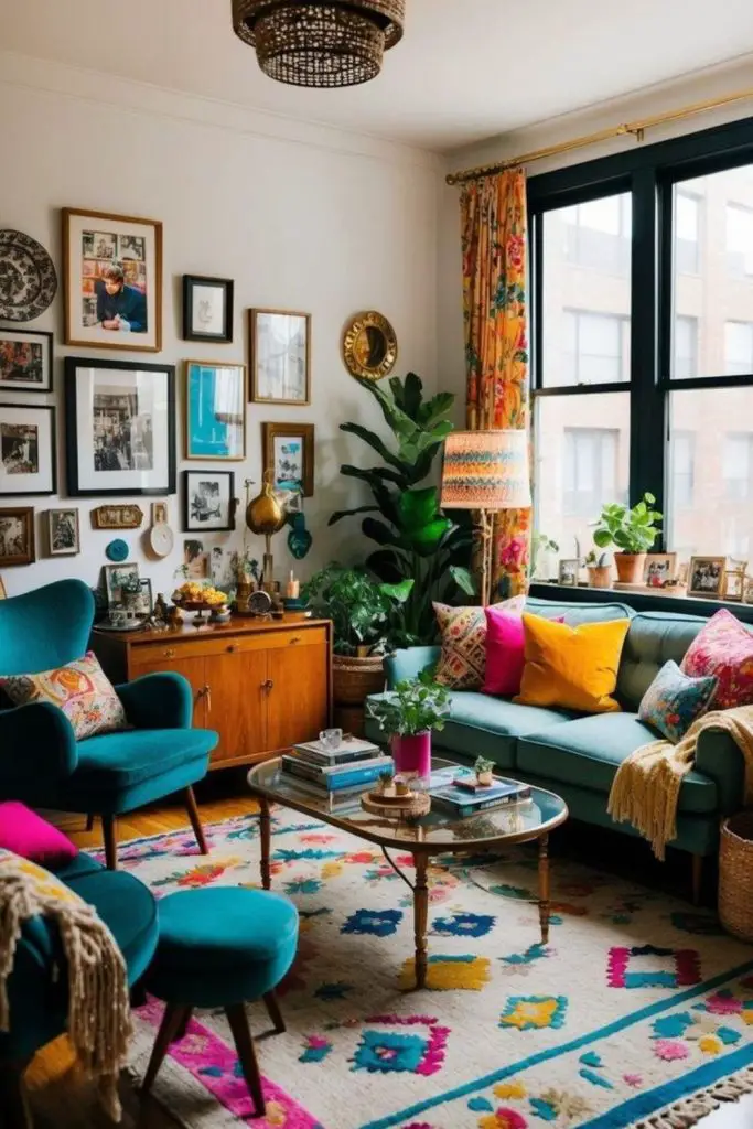 Artistic loft with bold paintings
