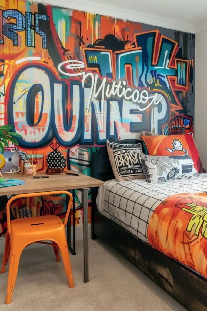 Bold artistic graffiti-inspired bedroom decor.