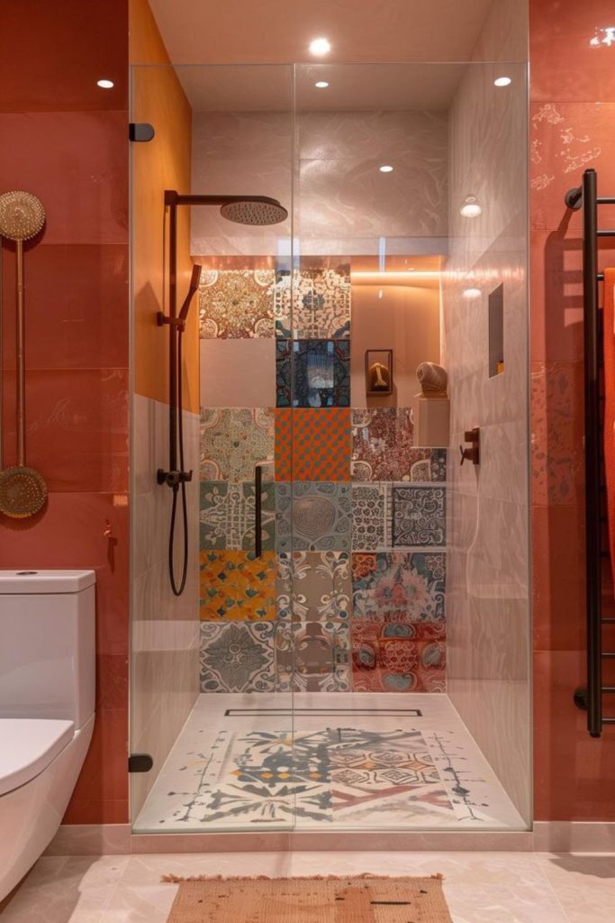 Artistic patchwork wetroom with mixed tiles