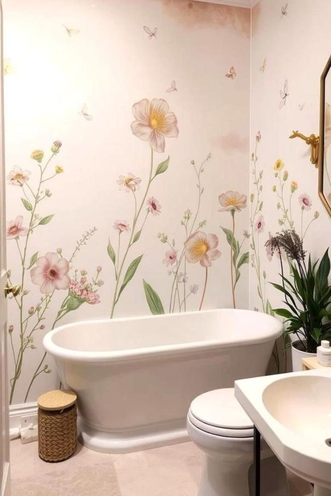 Artistic mural bathroom with painted blossoms.
