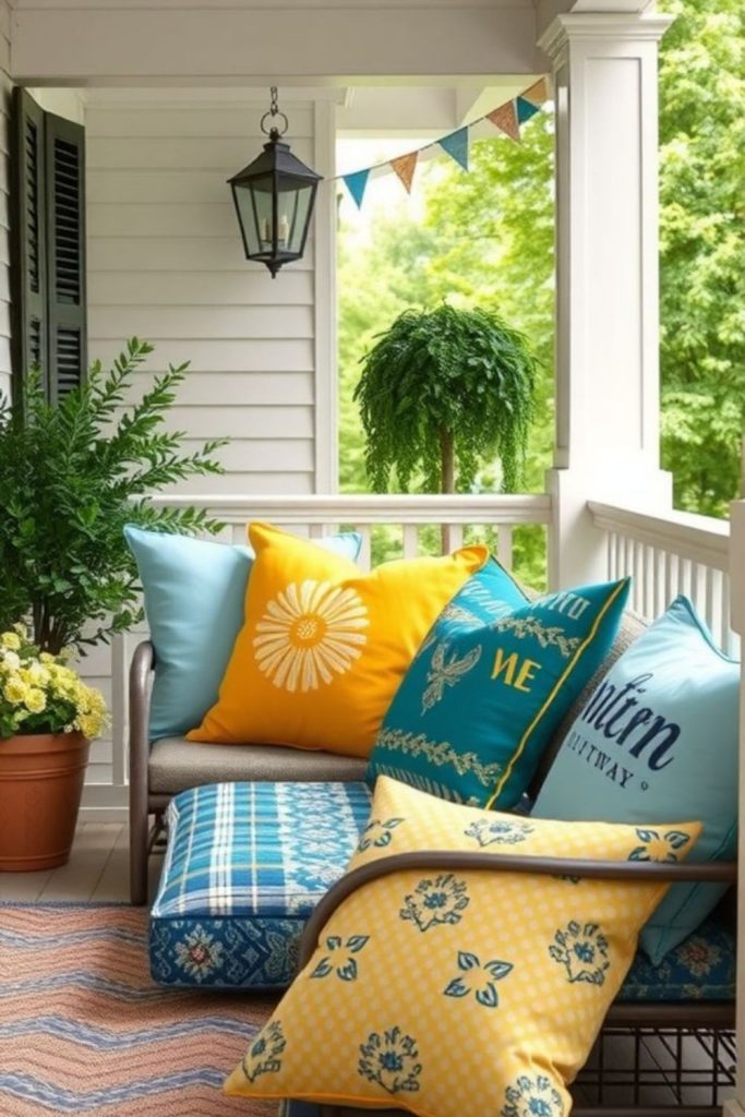 Colourful porch with kilim rugs cushions.