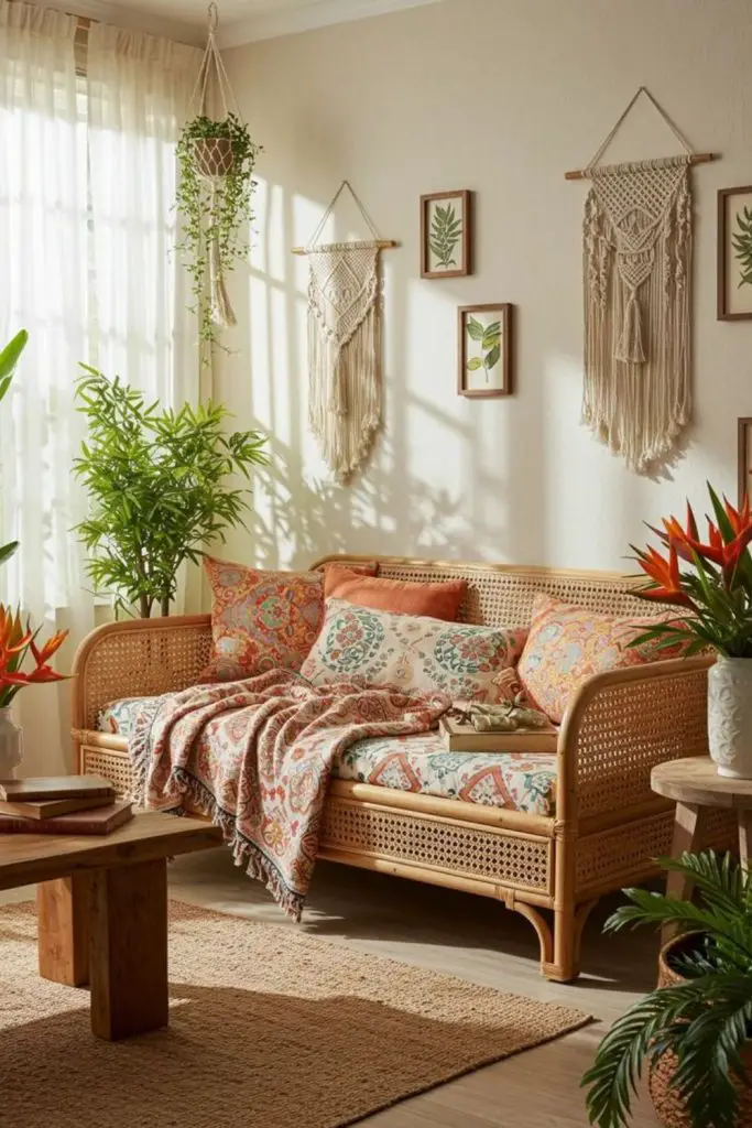 Boho charm den with rattan furniture
