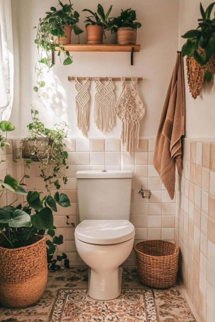 Boho eclectic bathroom with layered details.