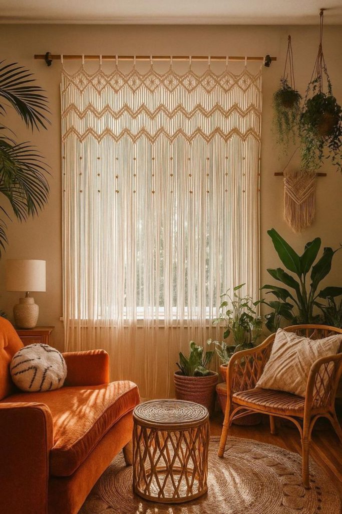 Macrame curtains with rattan seating.
