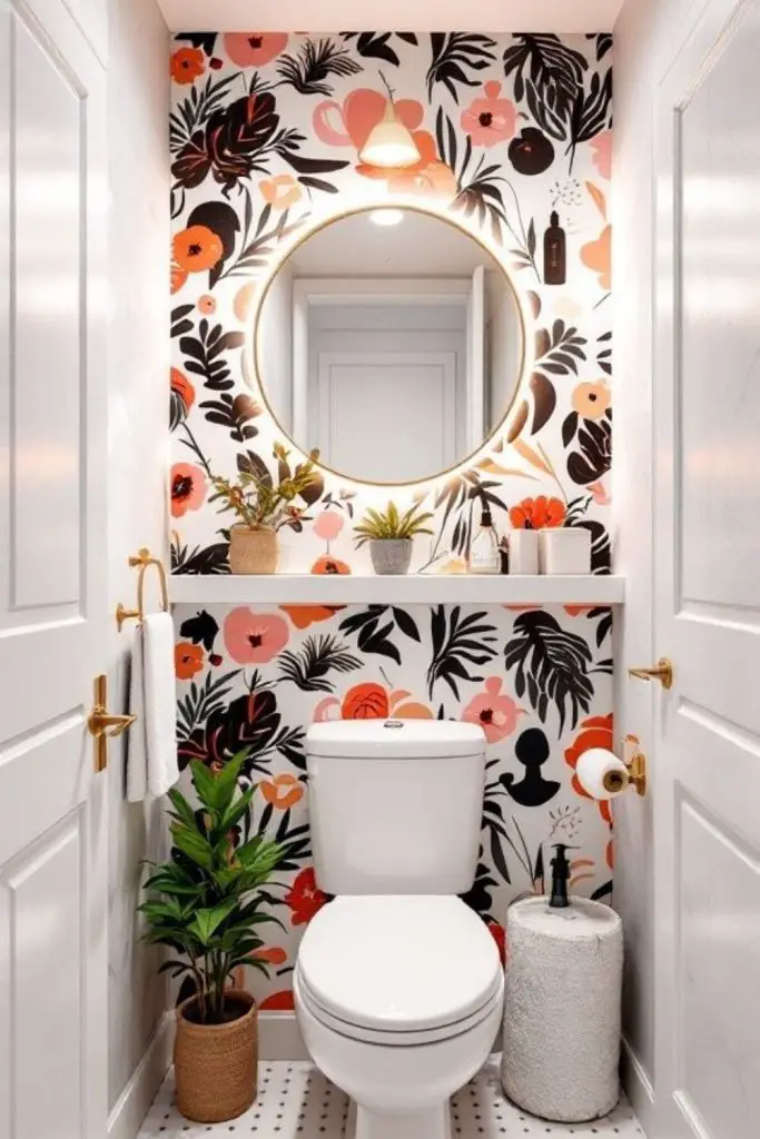 Bold wallpaper enlivens tiny toilet space