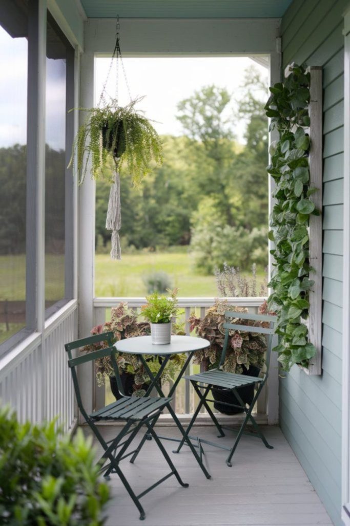 Glass porch filled with leafy plants.