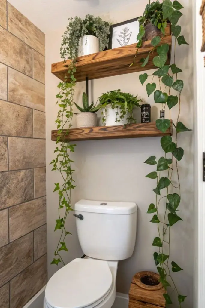 Hanging plants freshen narrow toilet nook