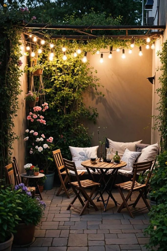 Green filled porch with hanging plants.