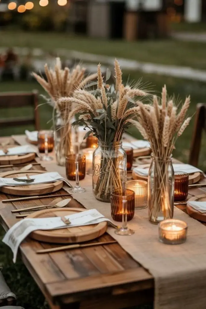 Burlap runners add rustic table charm.