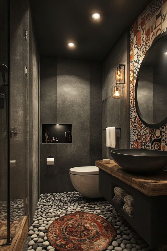 Cement geometry wetroom with artistic carvings