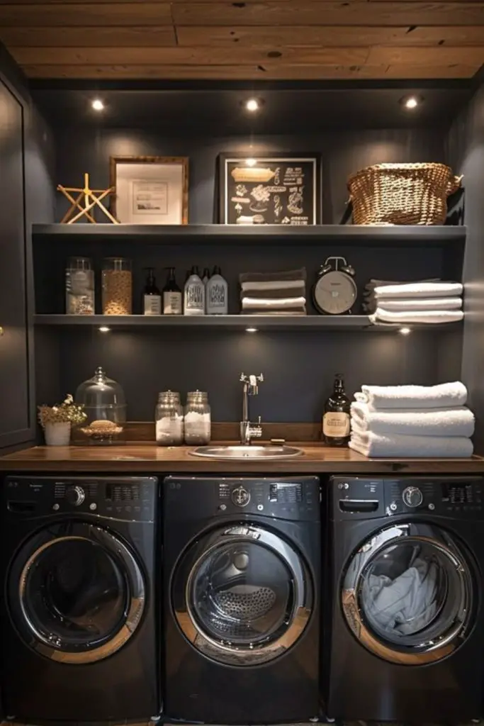 Charcoal wood cabinets rustic laundry style