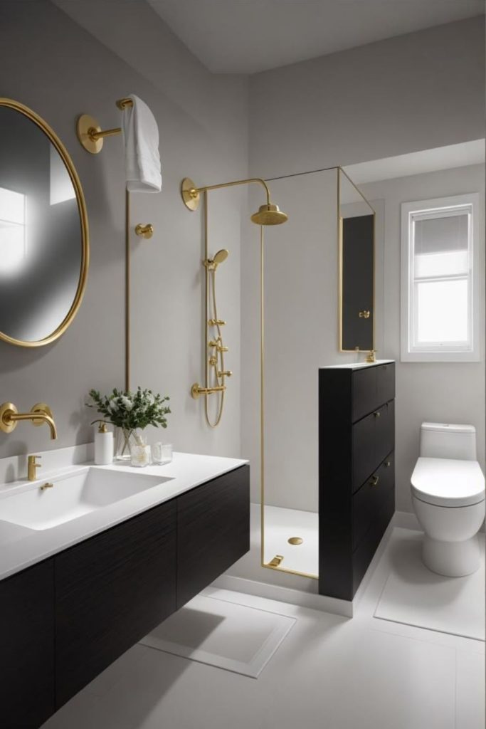 Charcoal wetroom accented with gold fixtures