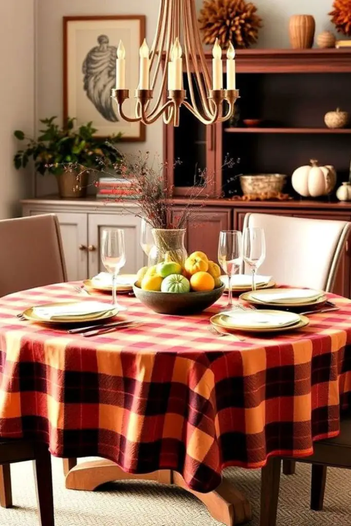 Checkered tablecloth grounds rustic family dining.