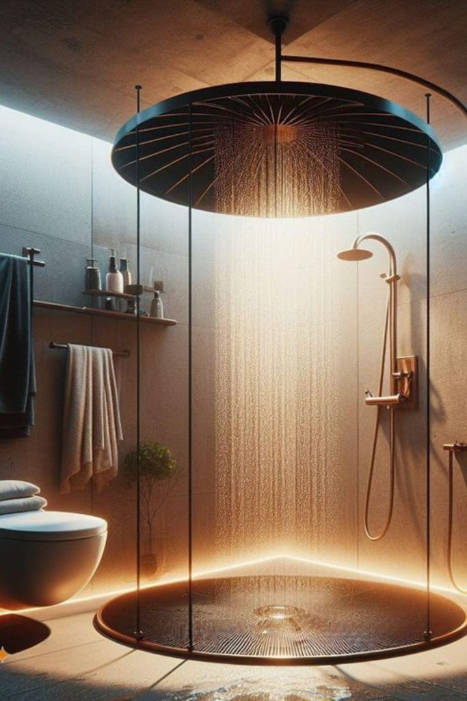 Rainfall shower head enhances bathing luxury.