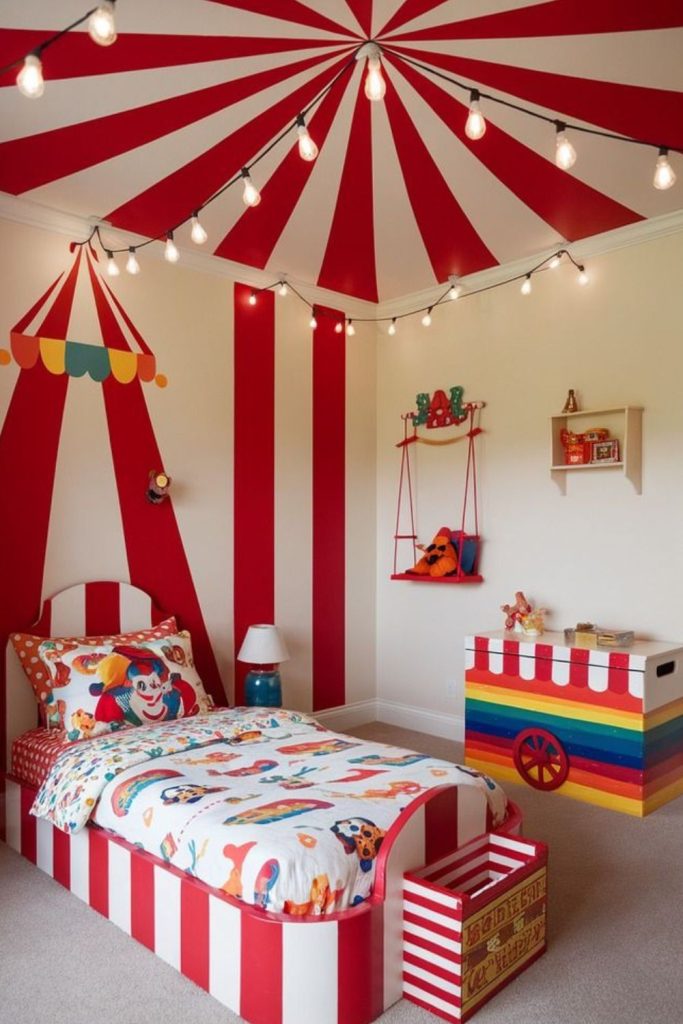 Circus carnival inspired striped kids bedroom