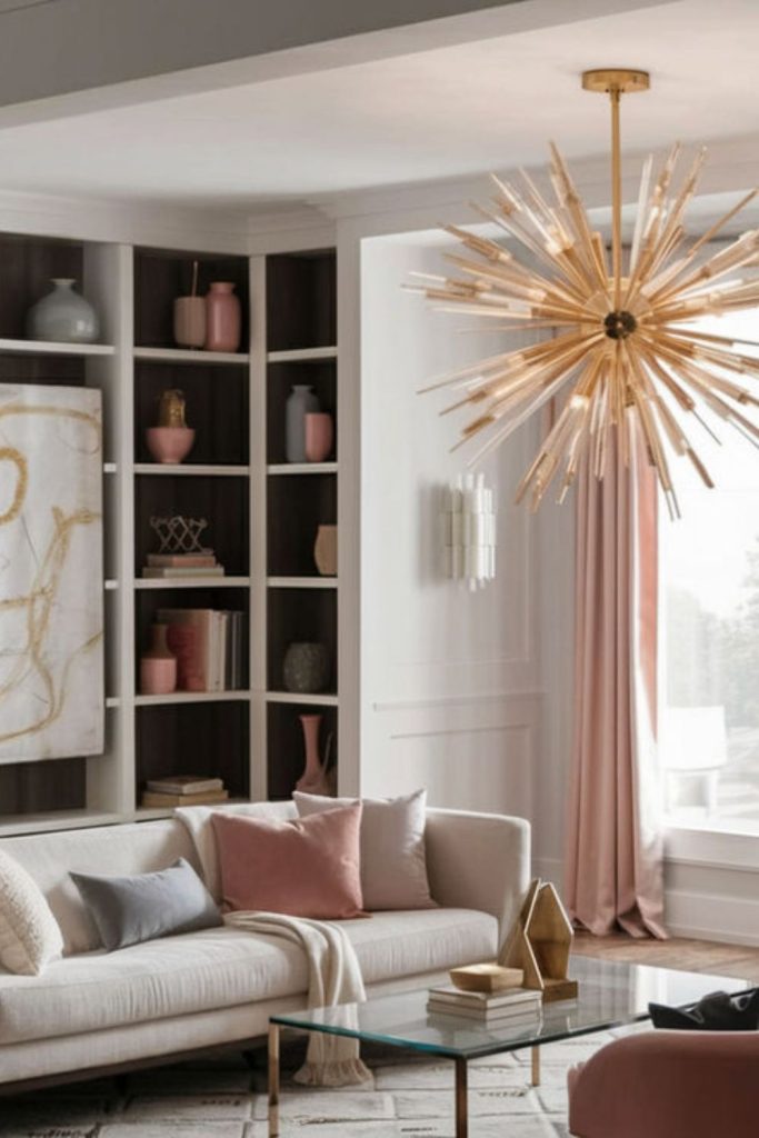 Crown molding with crystal chandelier.