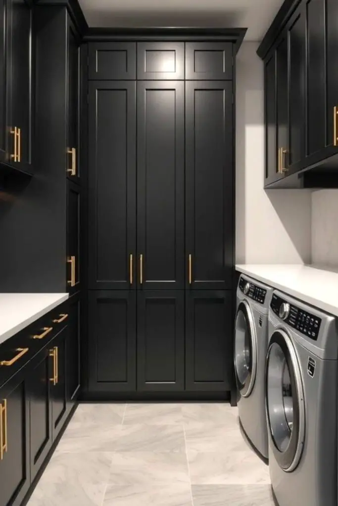 Matte coal cabinetry with hidden appliances