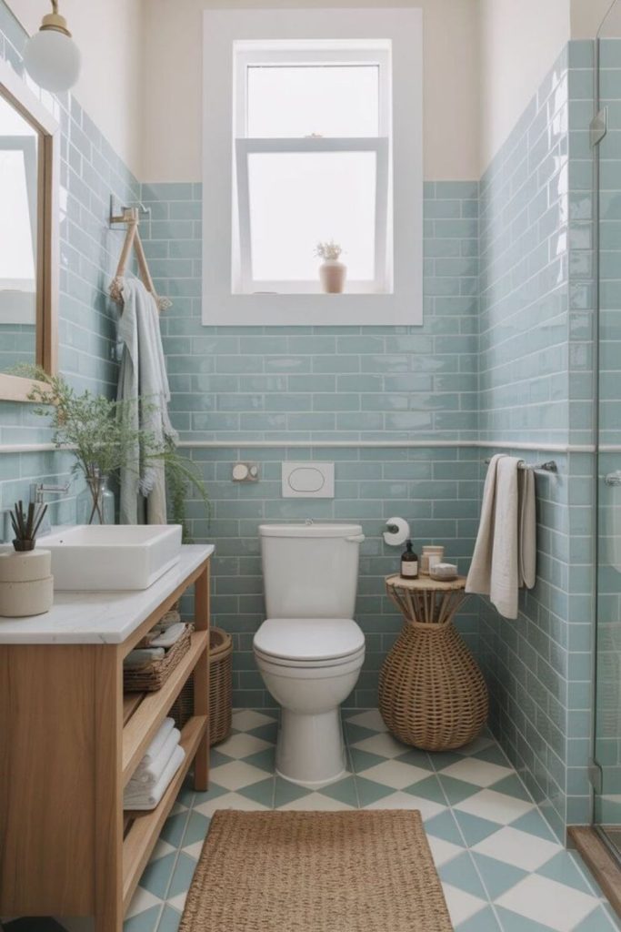 Coastal themed bathroom with blue charm.