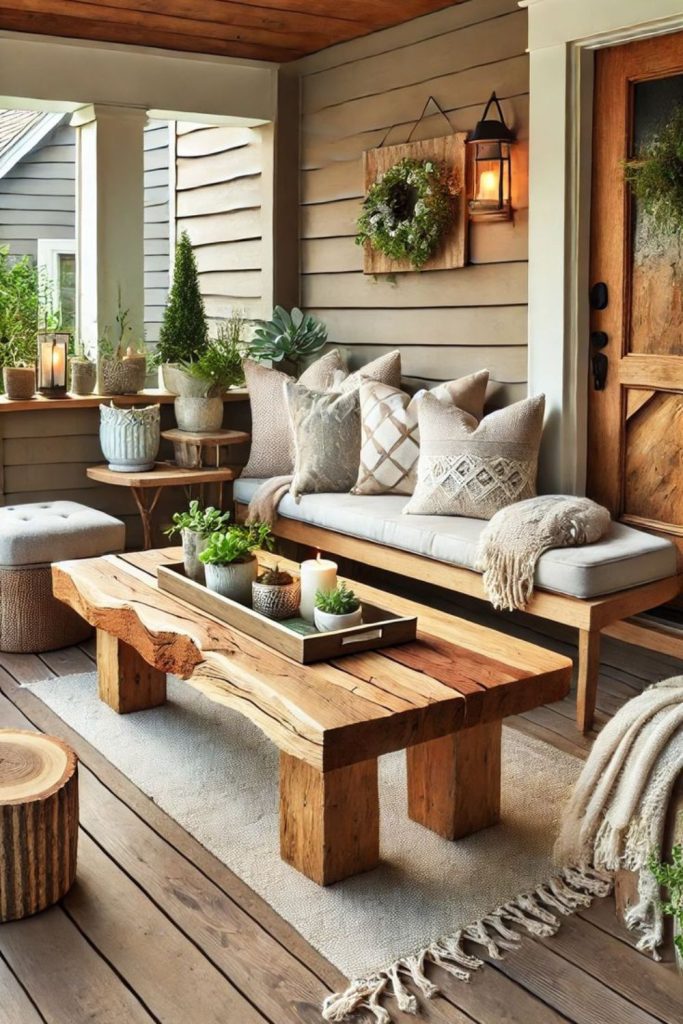 Driftwood porch with pale linen cushions