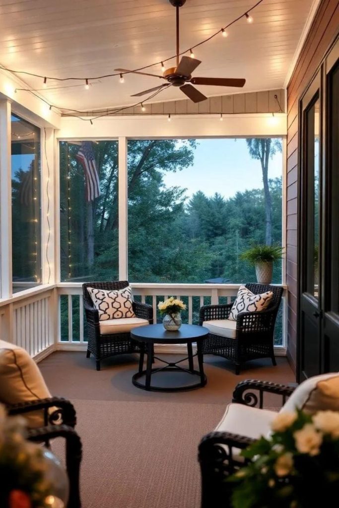 Light filled porch with glass panels.