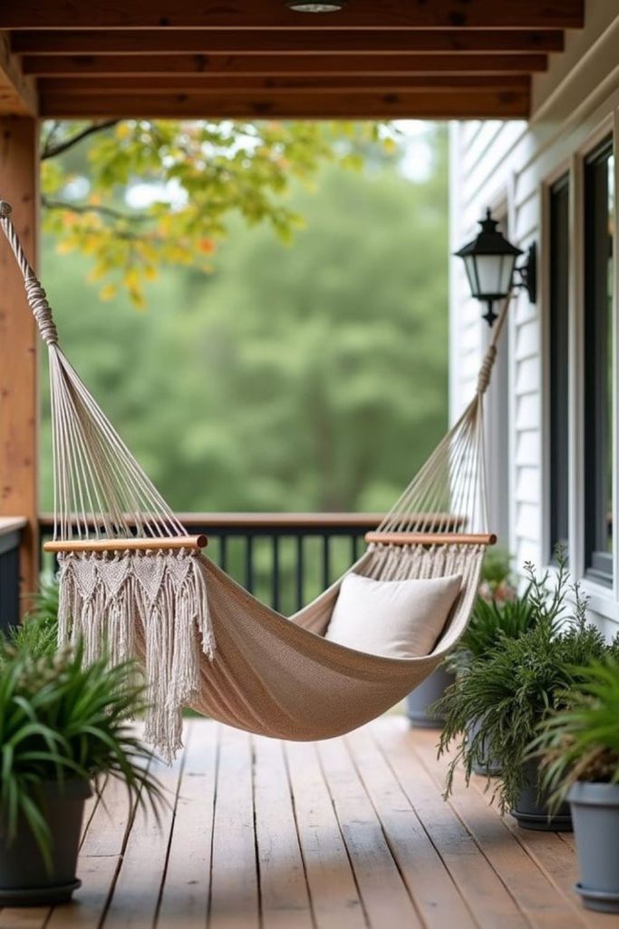 Small porch with hammock and cushions.