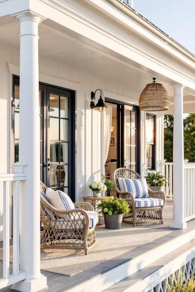 Whitewashed porch with sand tone cushions.