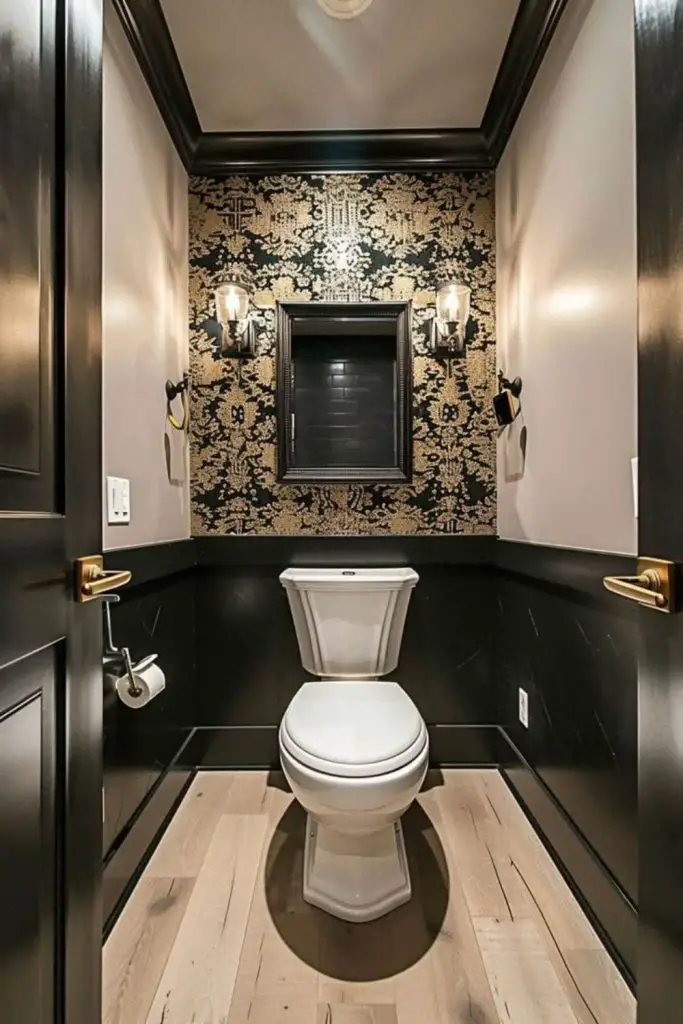 Bold accent wall energizes small restroom