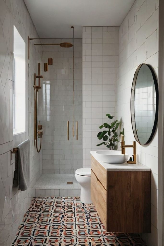 Bold colors enhance compact shower drama.