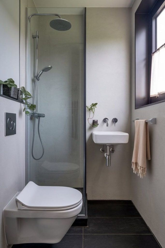 Minimalist shower room feels calm, airy.