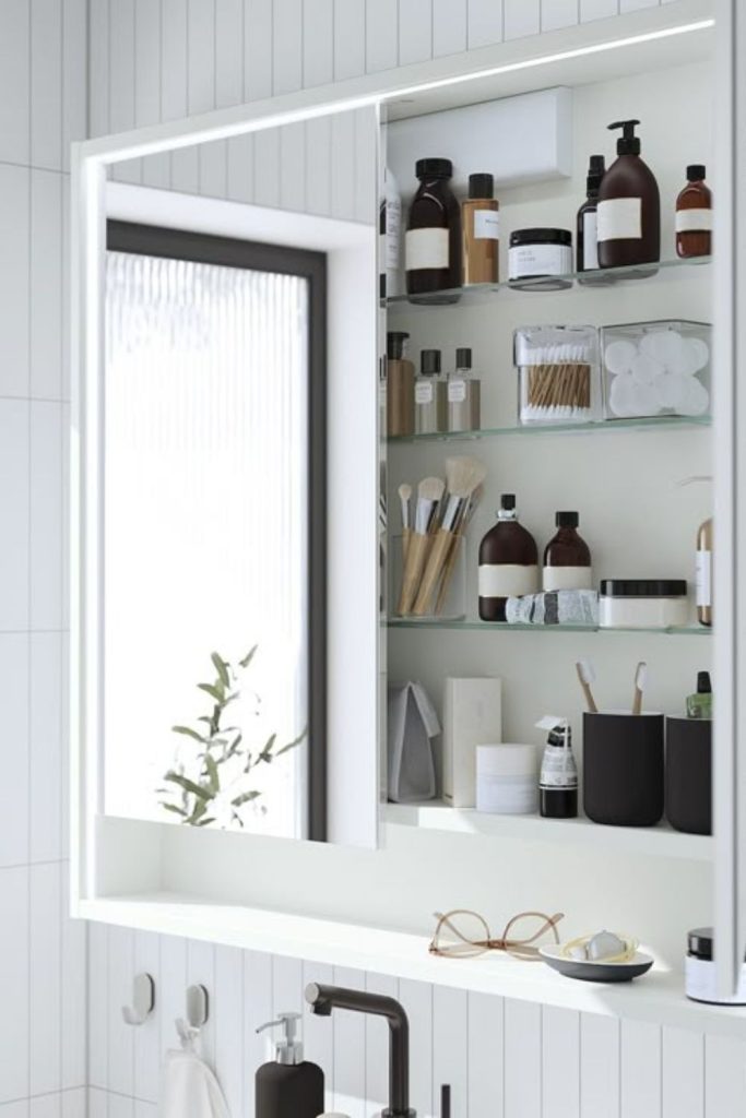 Sliding mirror cabinet hides bathroom essentials.