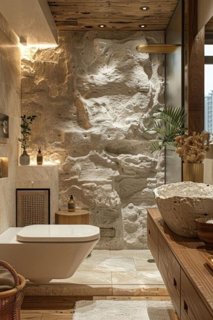Small bathroom spa grotto with stone.