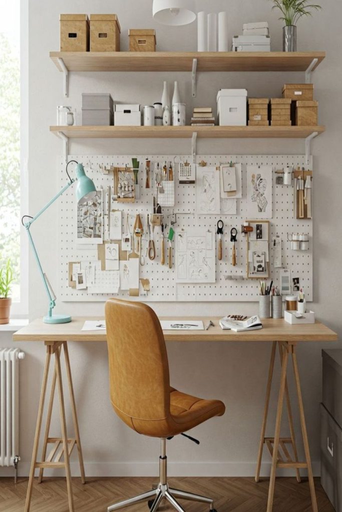 Wall grid organizer above tiny desk