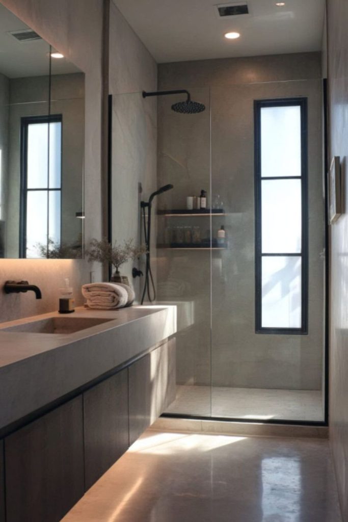 Concrete luxe bathroom with polished finish.