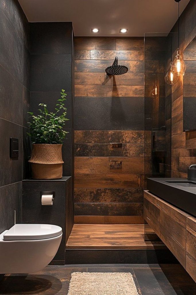 Copper bathroom with glowing metallic shine.