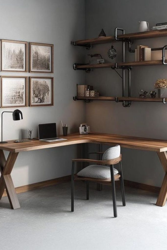 Corner workspace with cozy wooden desk