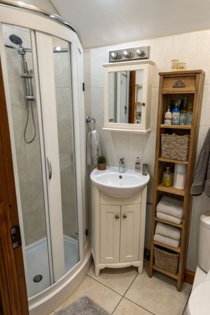 Corner sink saves valuable bathroom space.
