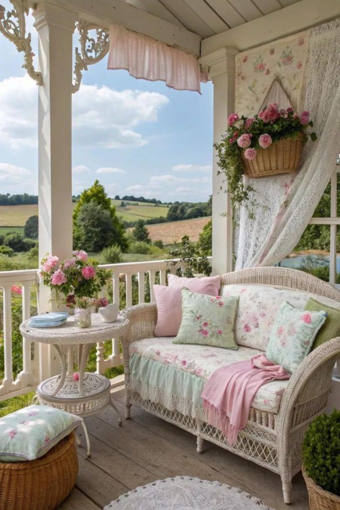 Pastel porch with wicker and flowers.
